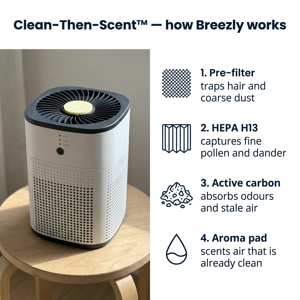 Clean-Then-Scent - how Breezly works in 4 stages