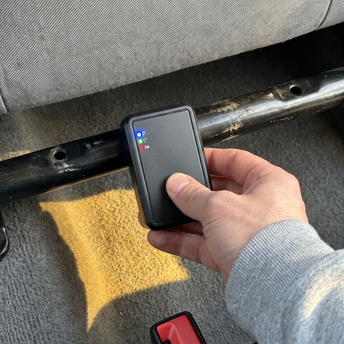 Where to hide it - pressing the Carspot tracker onto the steel frame under a rear seat