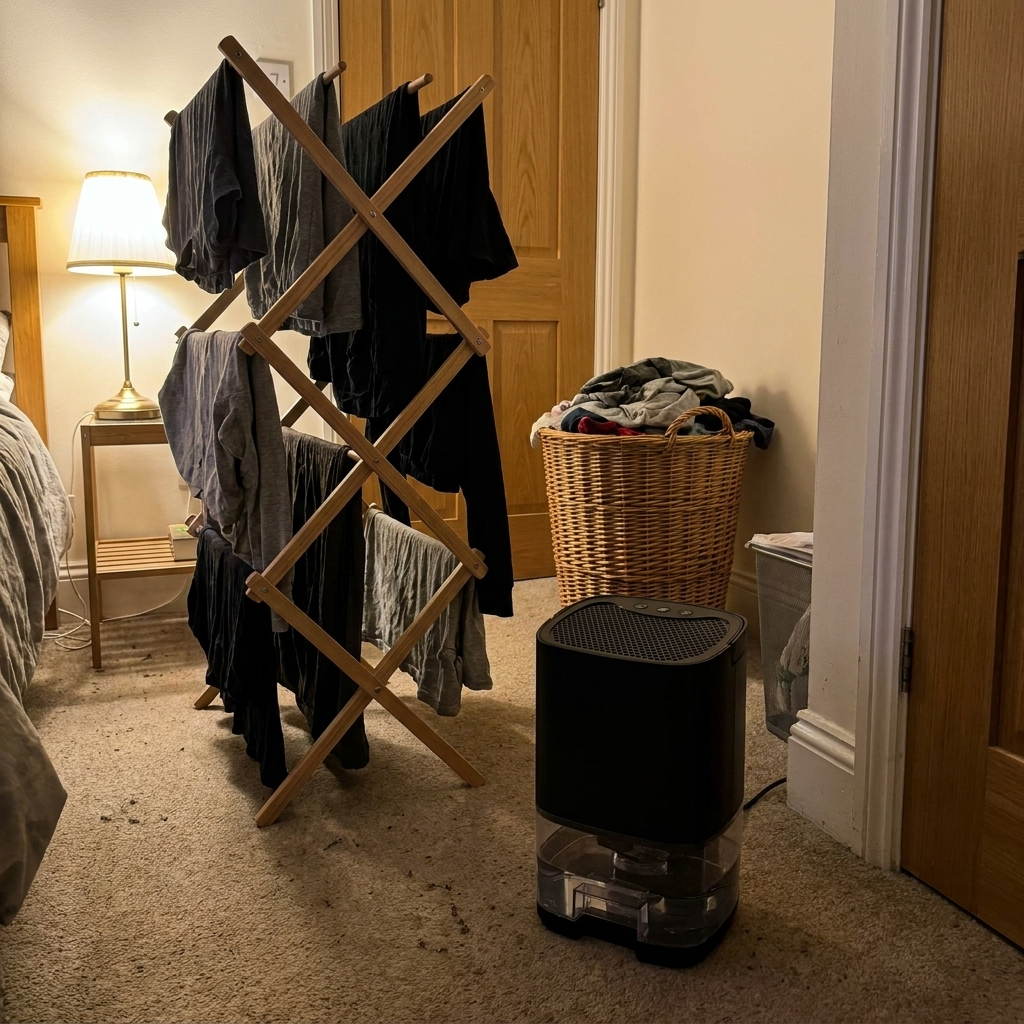 Dryft dehumidifier drying washing next to an airer overnight