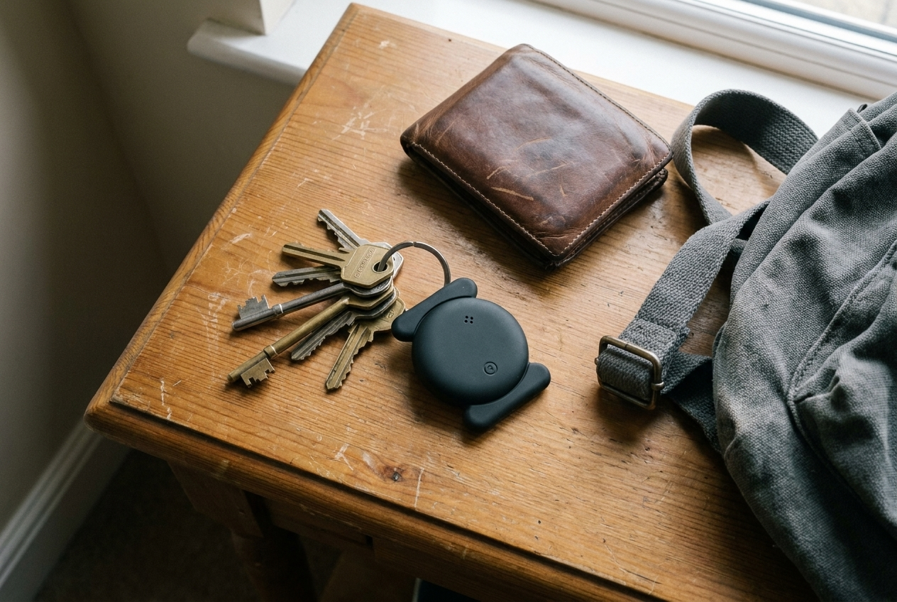 Findly tracker clipped to house keys beside a wallet and rucksack