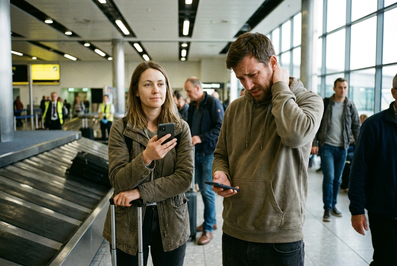 At the airport: she tracks her bag on her phone while he has no way to find his