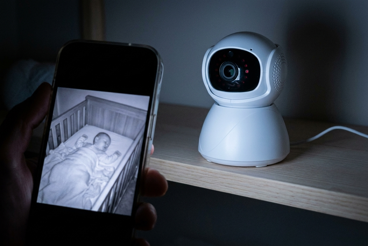 A phone showing the night-vision view of a baby sleeping peacefully in a cot