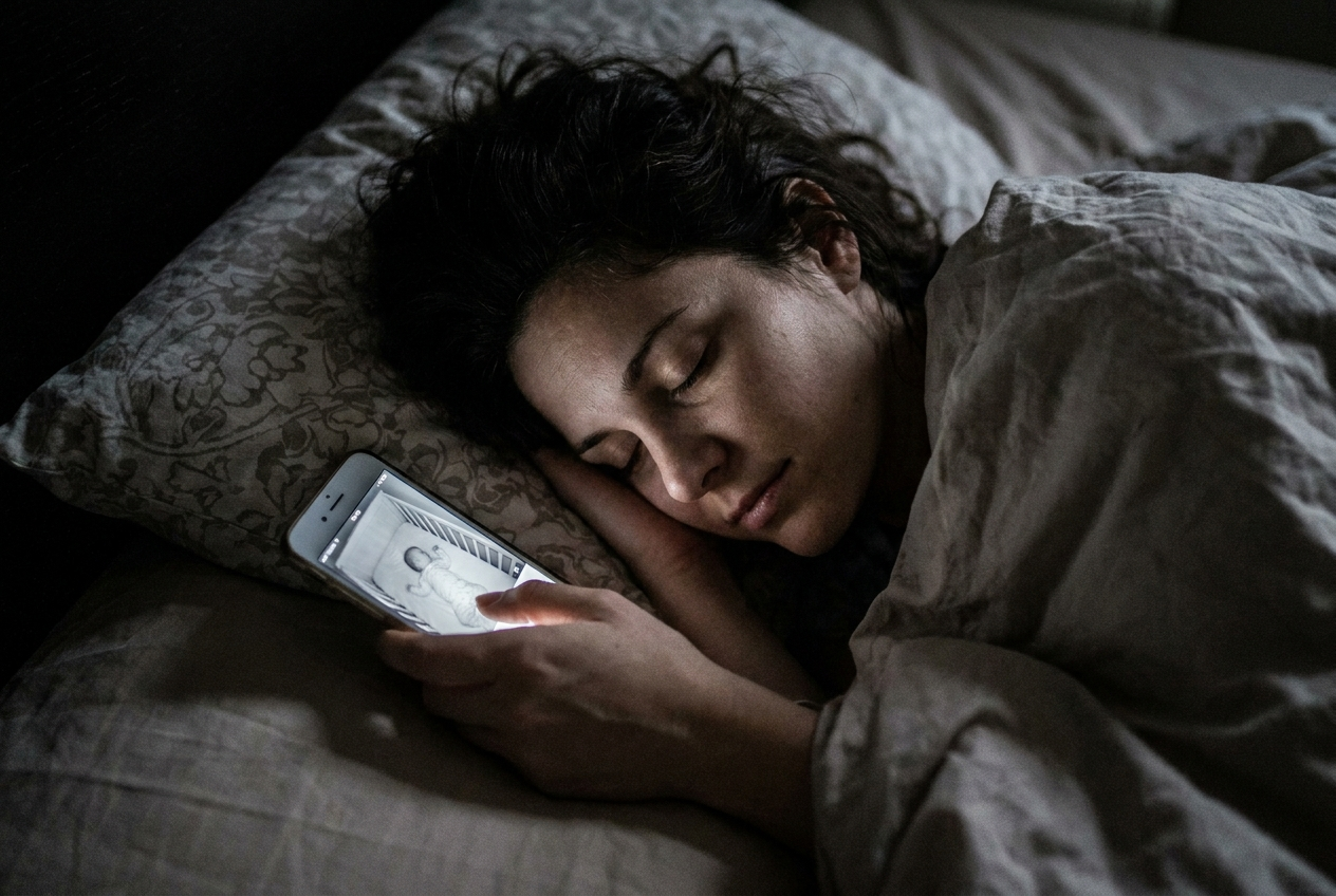 A mother lying in bed at night, calm, watching her baby on her phone