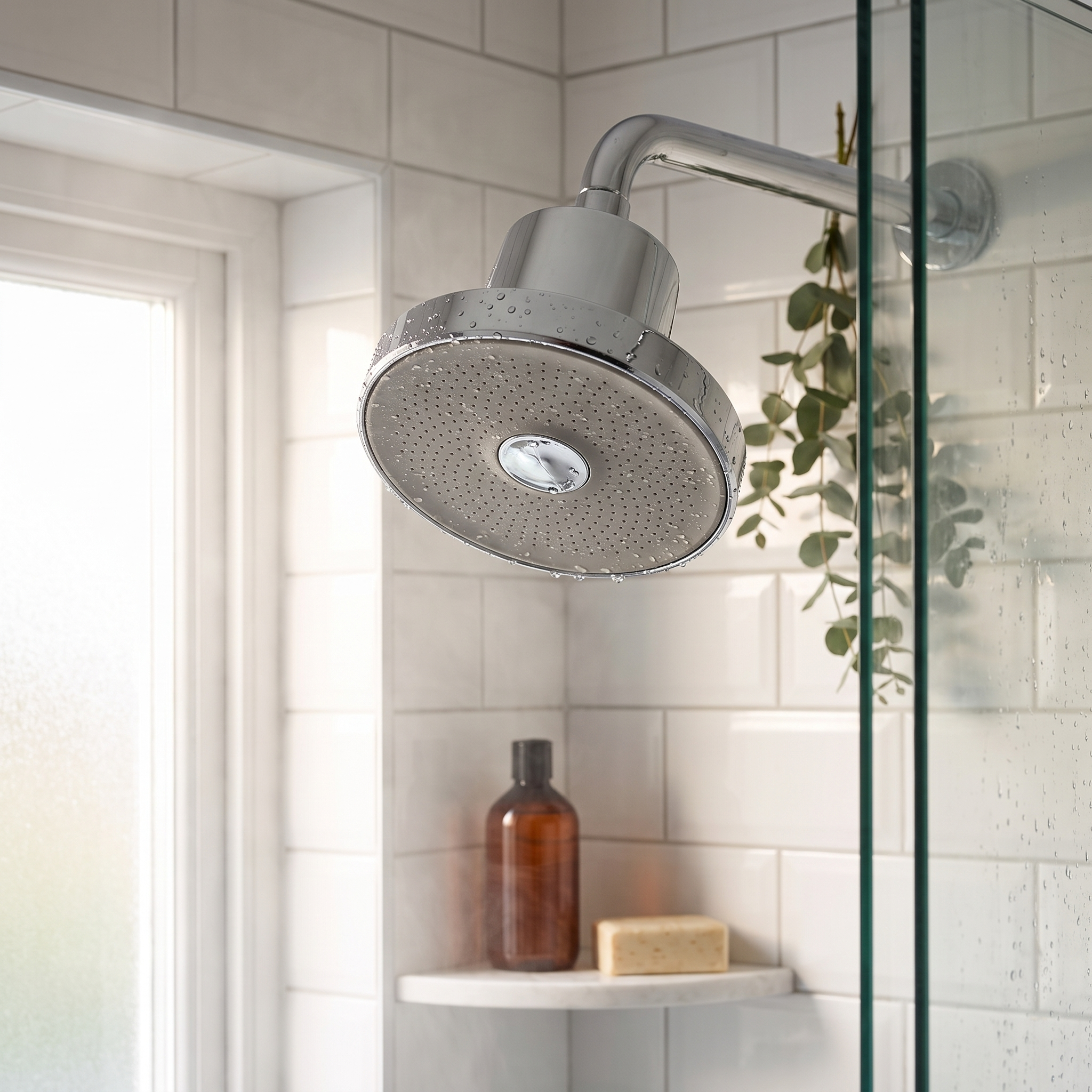 PureRain 6" filtered rainfall shower head mounted in a walk-in shower