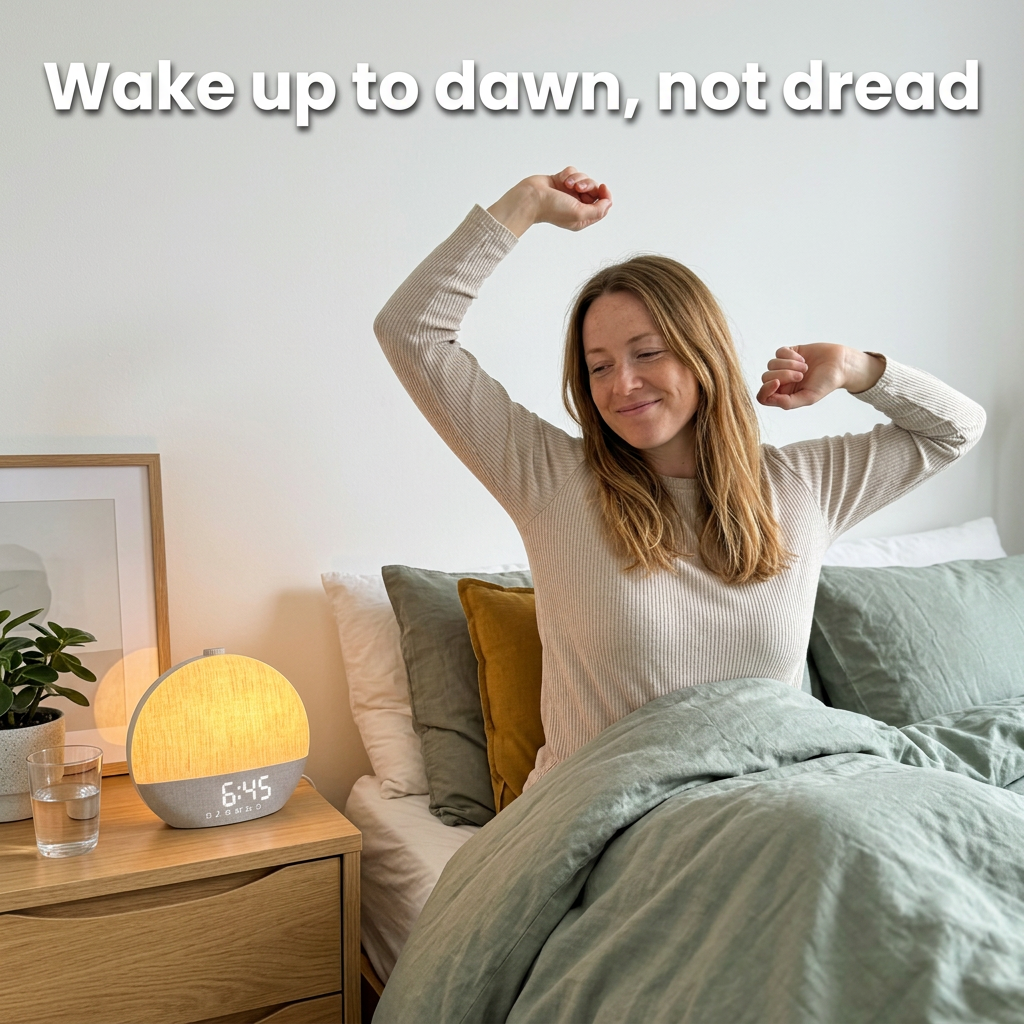 Wake up to dawn, not dread — woman waking calmly beside the glowing Dawnly linen sunrise alarm clock