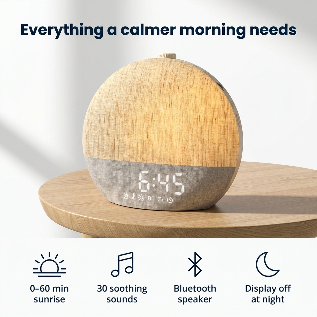 Everything a calmer morning needs — 0-60 min sunrise, 30 soothing sounds, Bluetooth speaker, display off at night