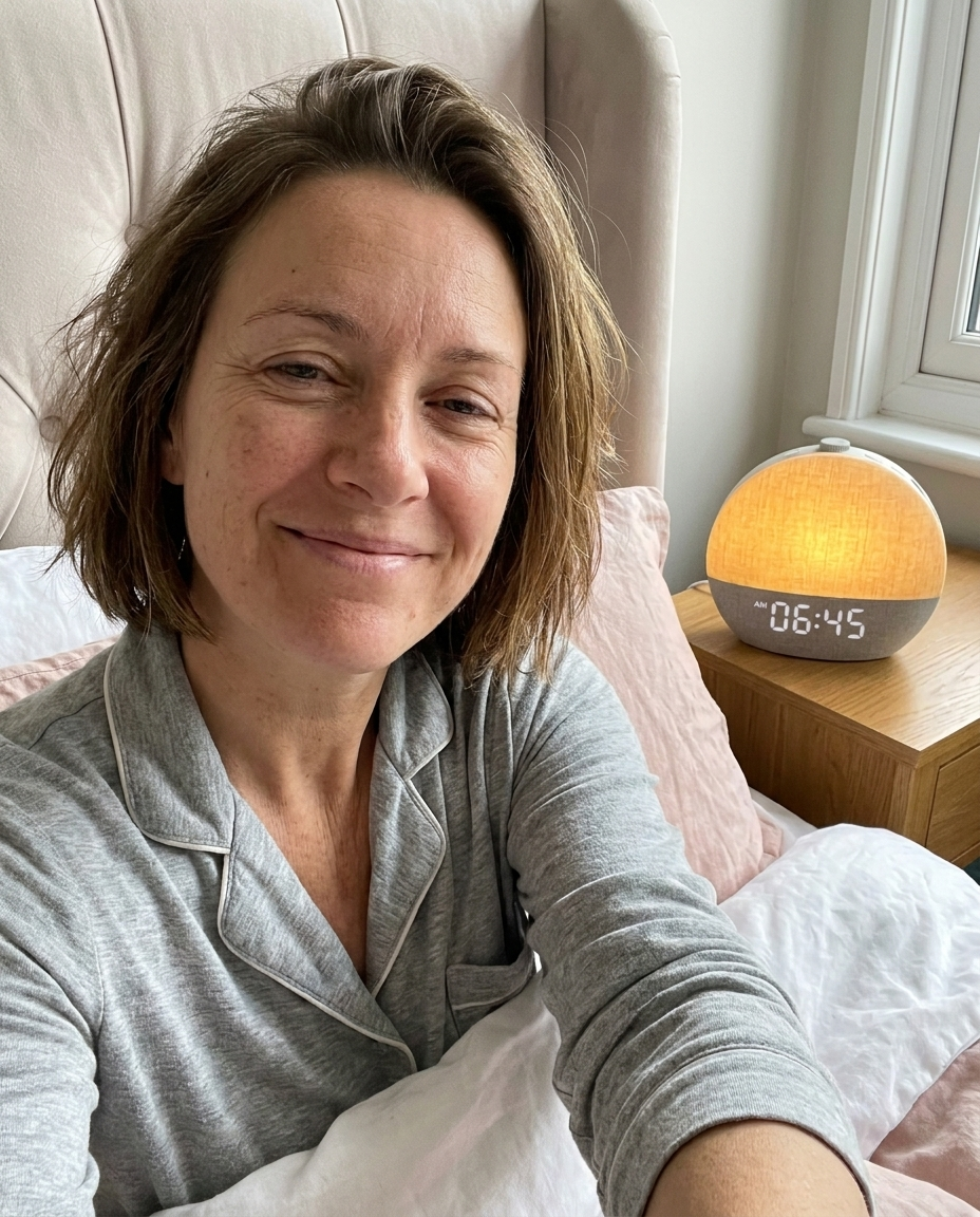 Happy morning selfie with the Dawnly glowing on the nightstand behind