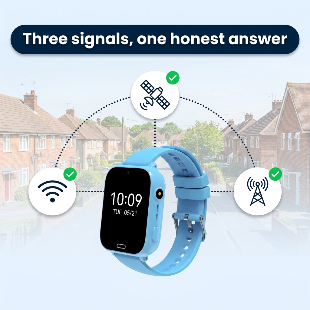 Triple-Lock Positioning infographic - GPS, Wi-Fi and mast signals