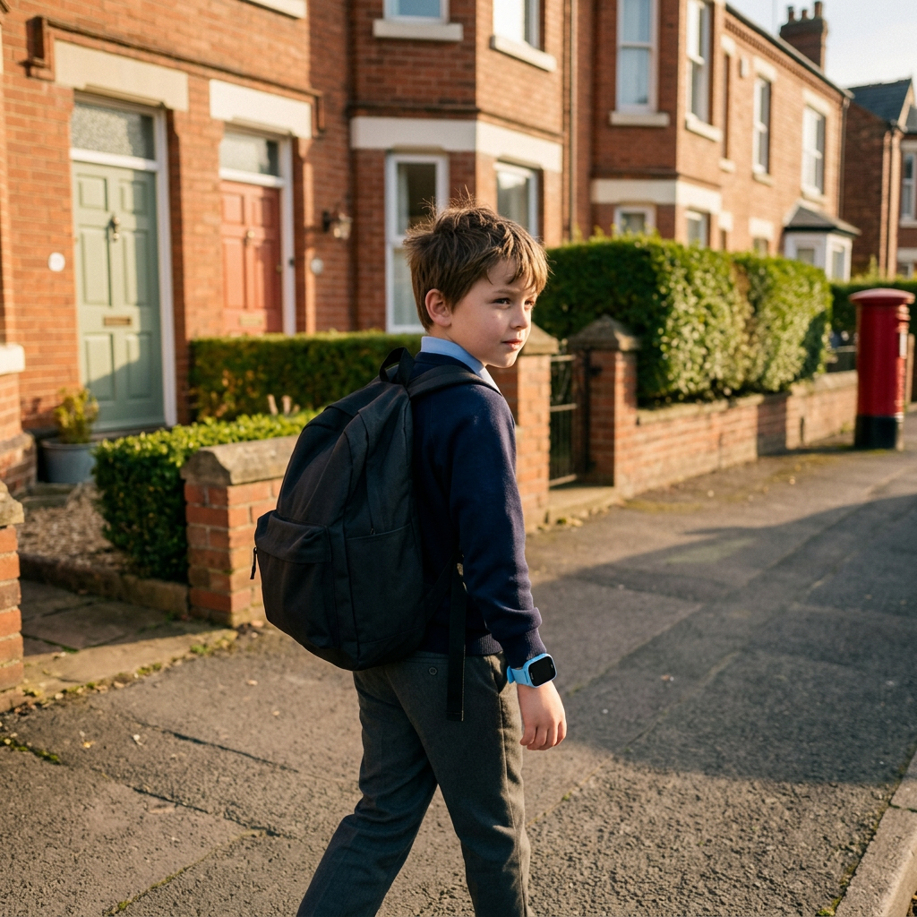 Child walking home along a residential pavement wearing the Kidspot watch