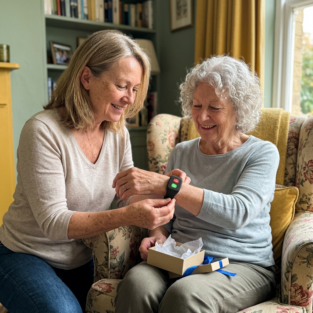 Daughter giving the Kinspot watch to her mother as a gift