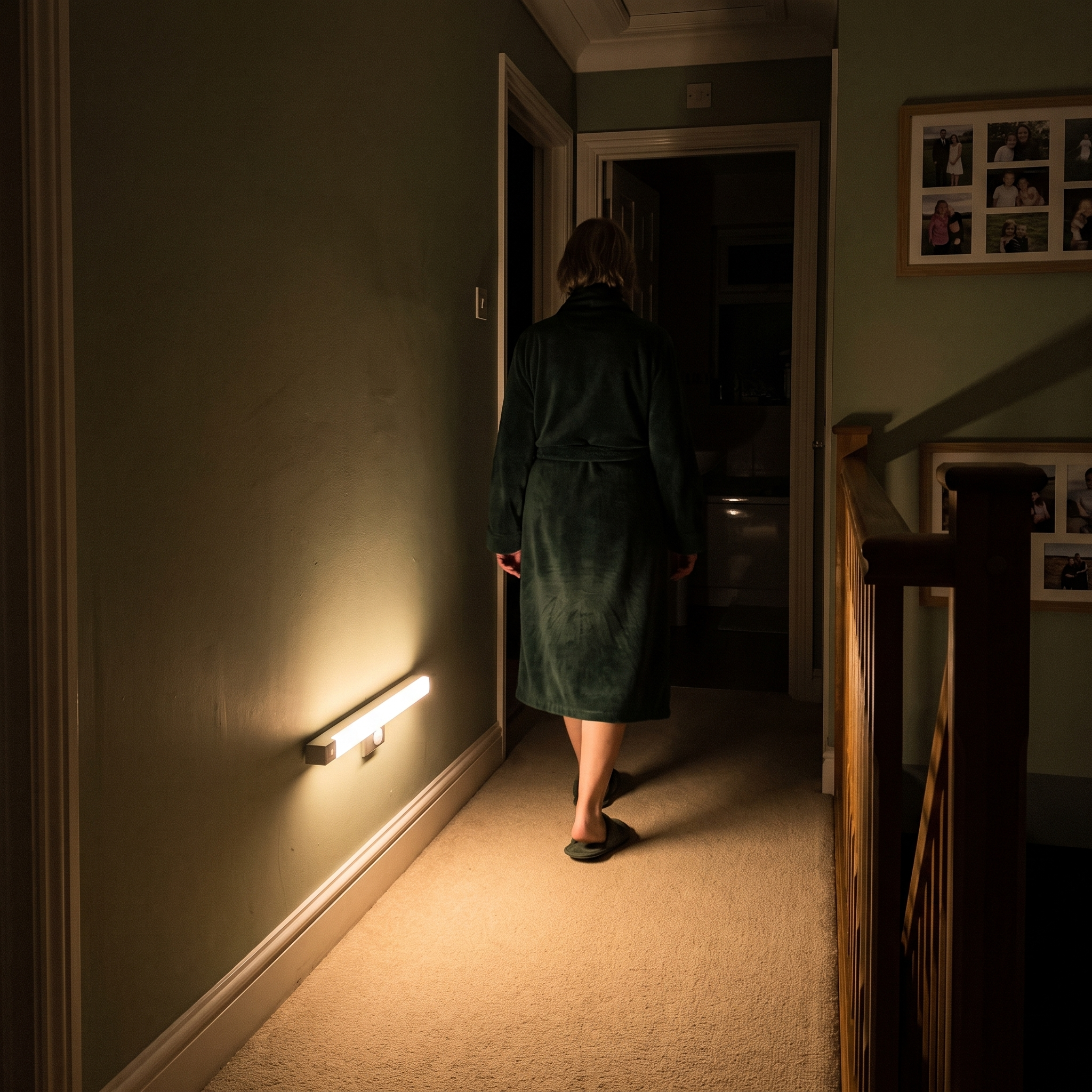 A dark upstairs landing at night lit only by a warm amber LumaPath bar low on the wall, as a woman walks towards the bathroom