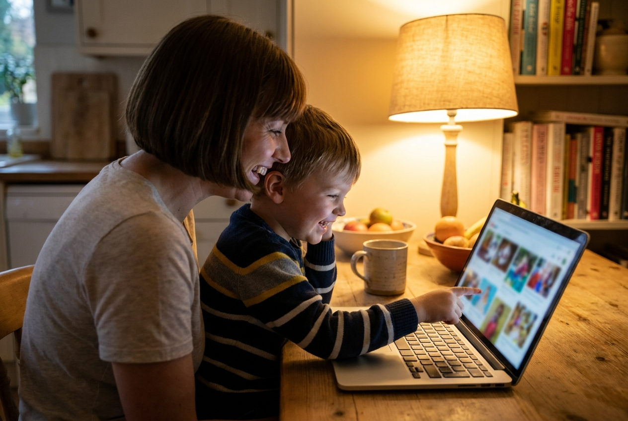 Mother and son laughing together at home