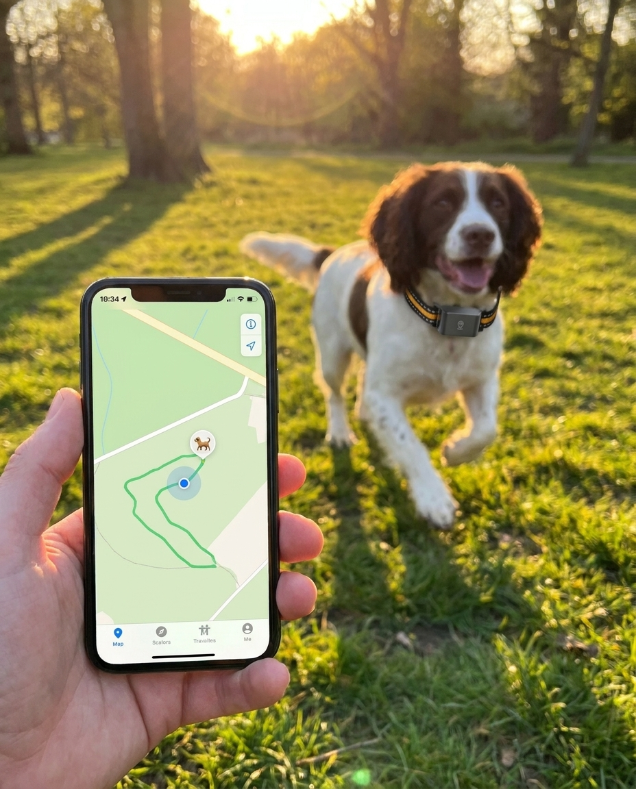 Dog running in the park with GPS collar and tracking app