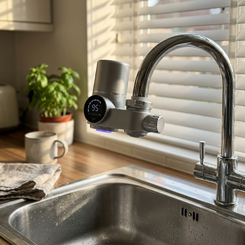 PureFlow tap filter on a kitchen sink in morning light