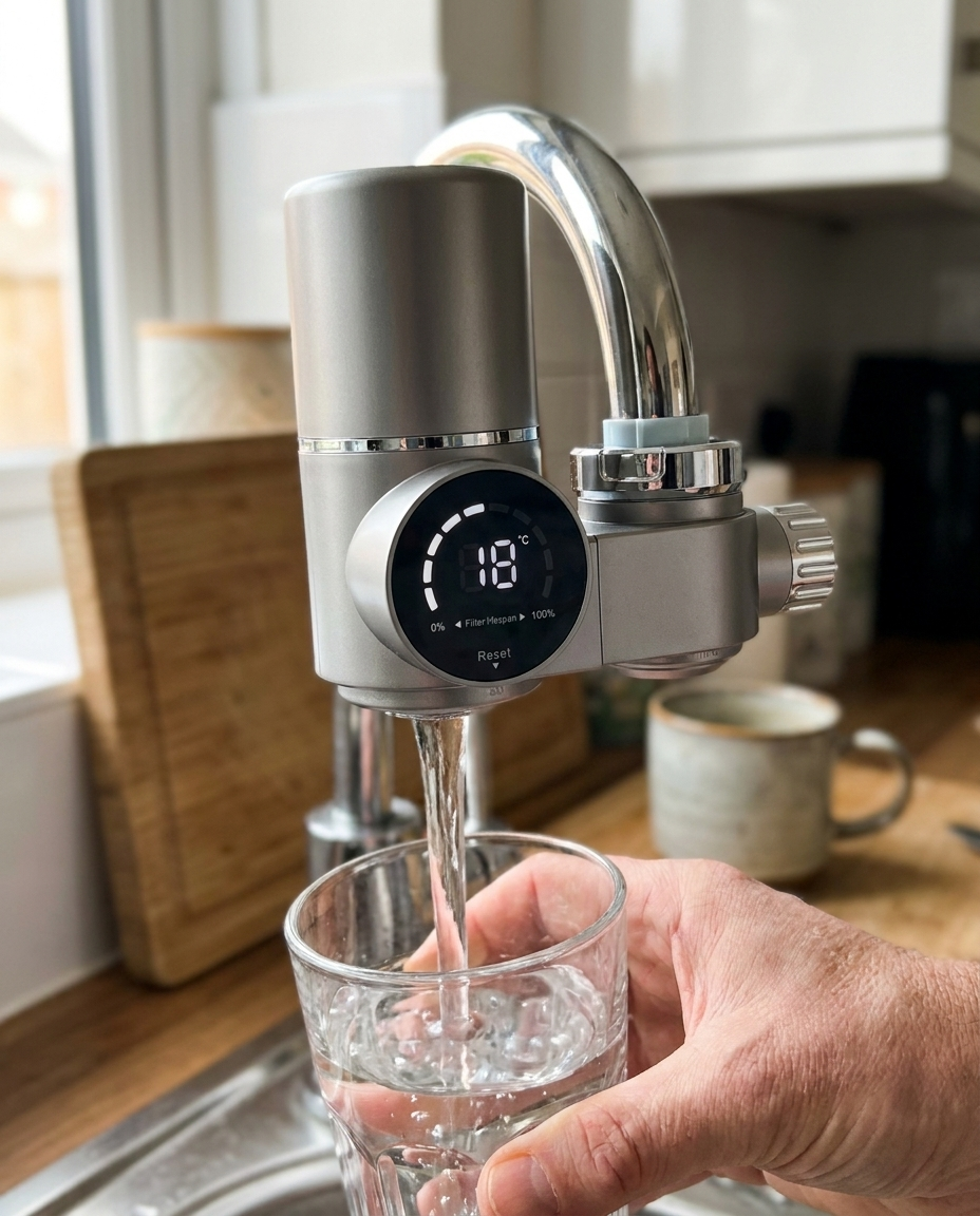 PureFlow filling a glass with filtered water in a bright UK kitchen