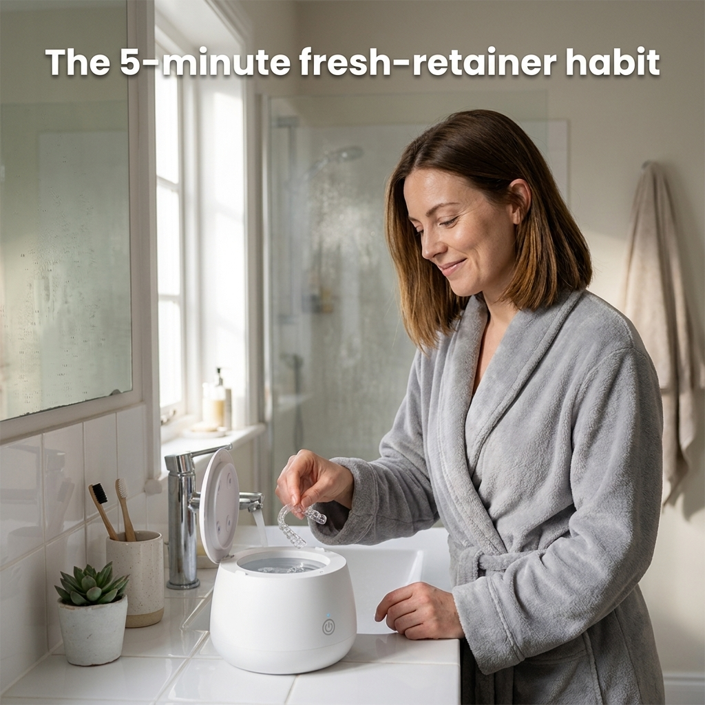 PurePod ultrasonic cleaner on a bright bathroom counter — the 5-minute fresh-retainer habit