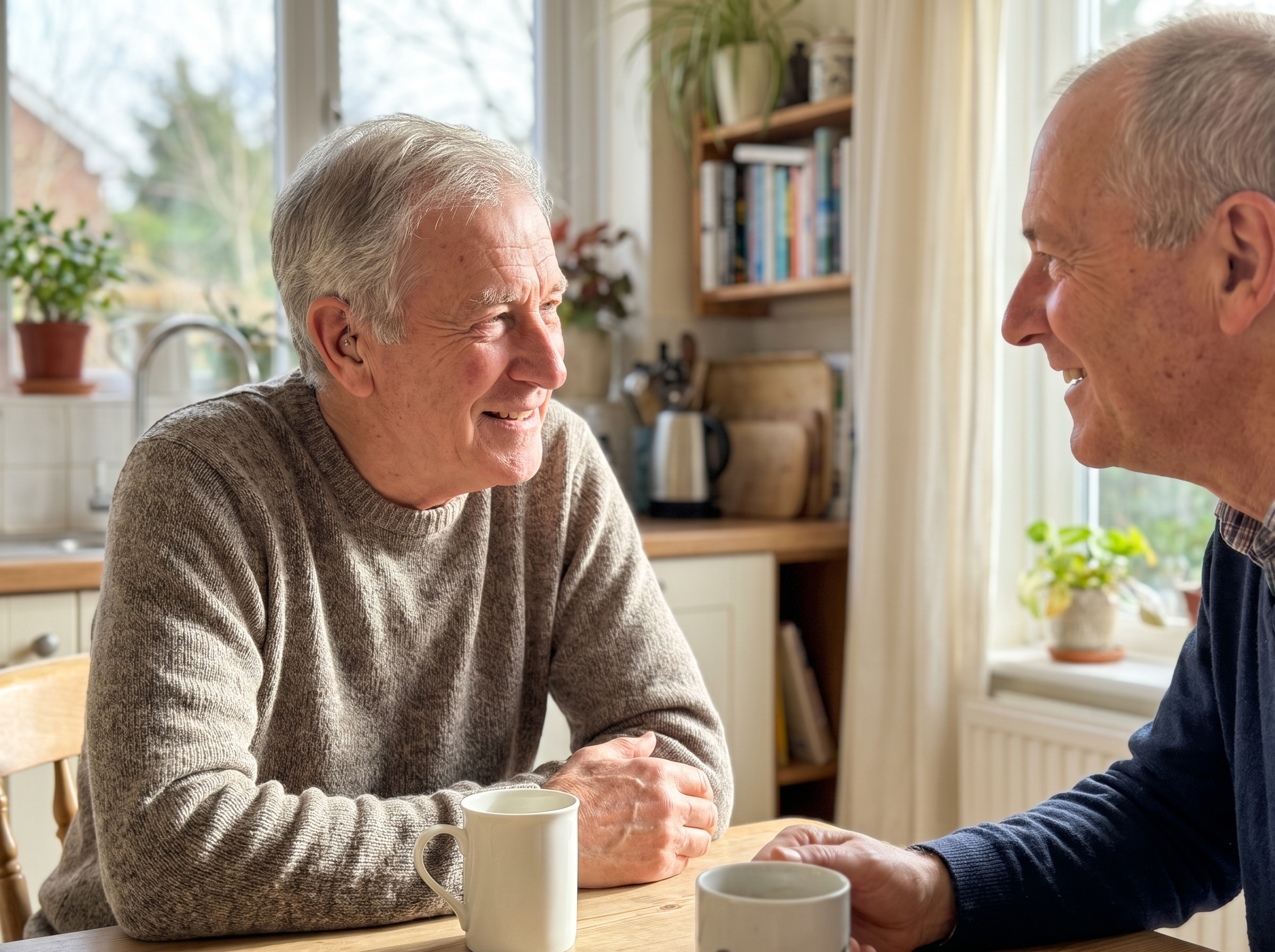 Older man in an easy clear one-to-one conversation over coffee