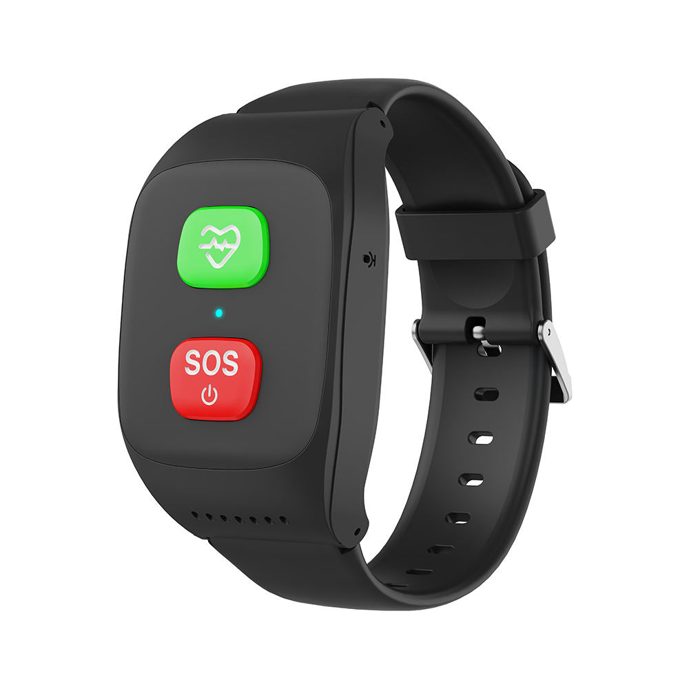 Kinspot SOS watch - matte black, no screen, green health button and red SOS button