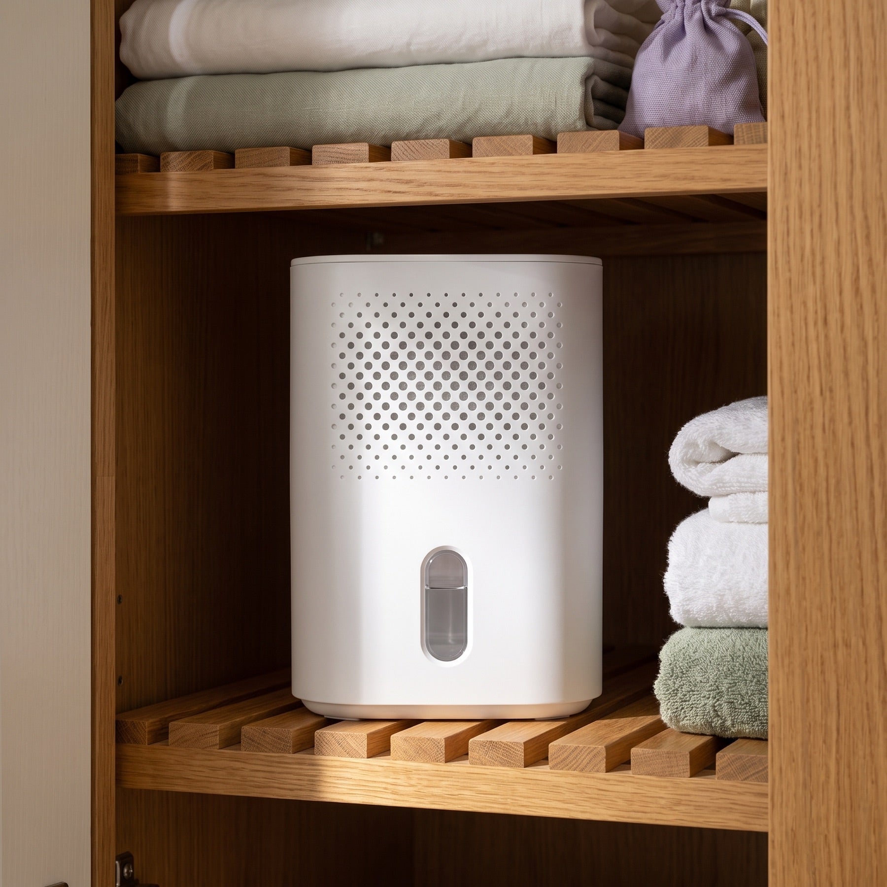 Absorbly on a slatted shelf in an airing cupboard with folded linen