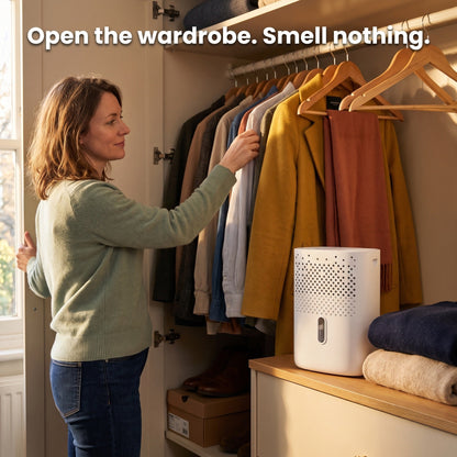 Absorbly moisture absorber on a shelf inside an open wardrobe, morning light