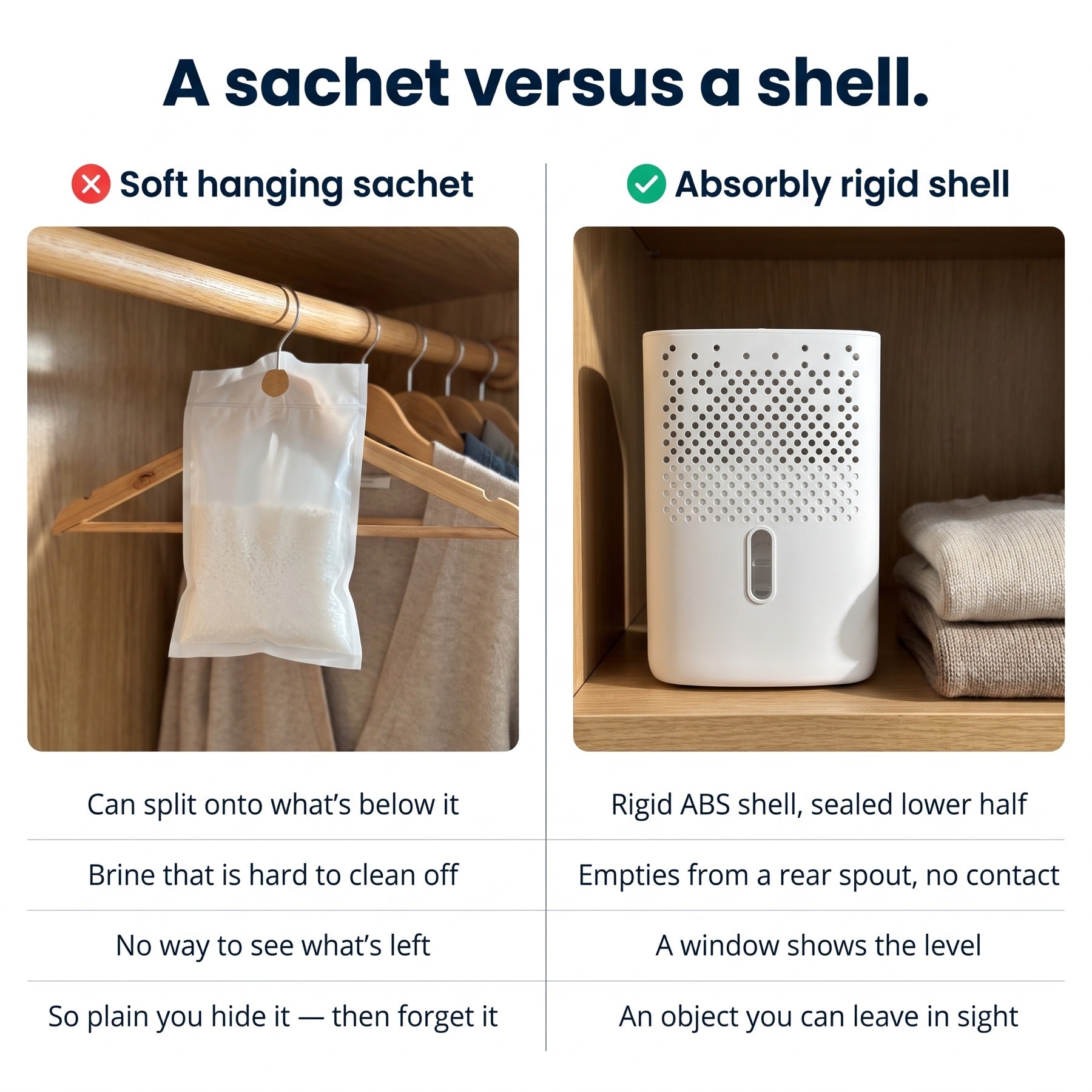 A soft sachet that can split versus the rigid Absorbly shell