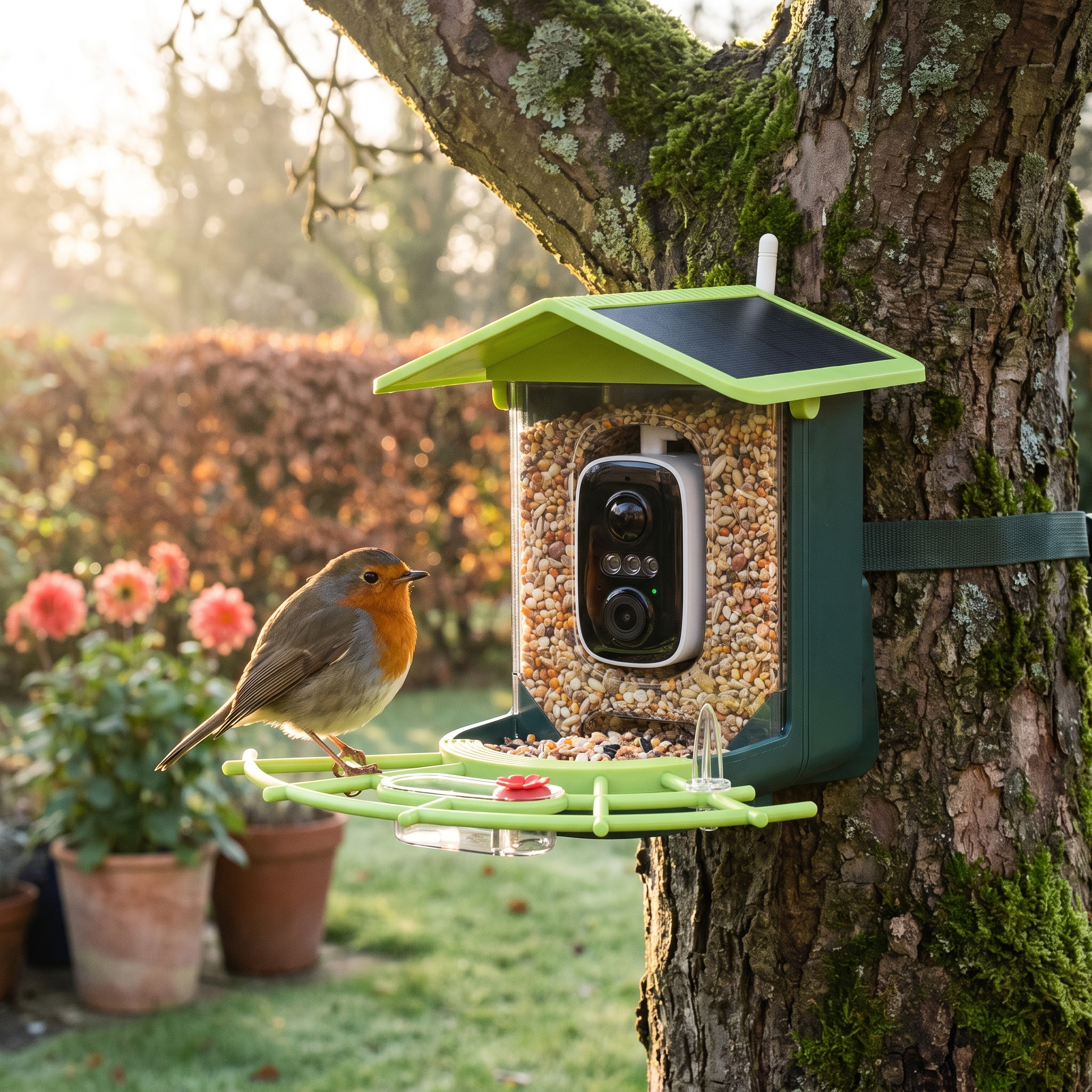 Birdly feeder camera mounted on an apple tree