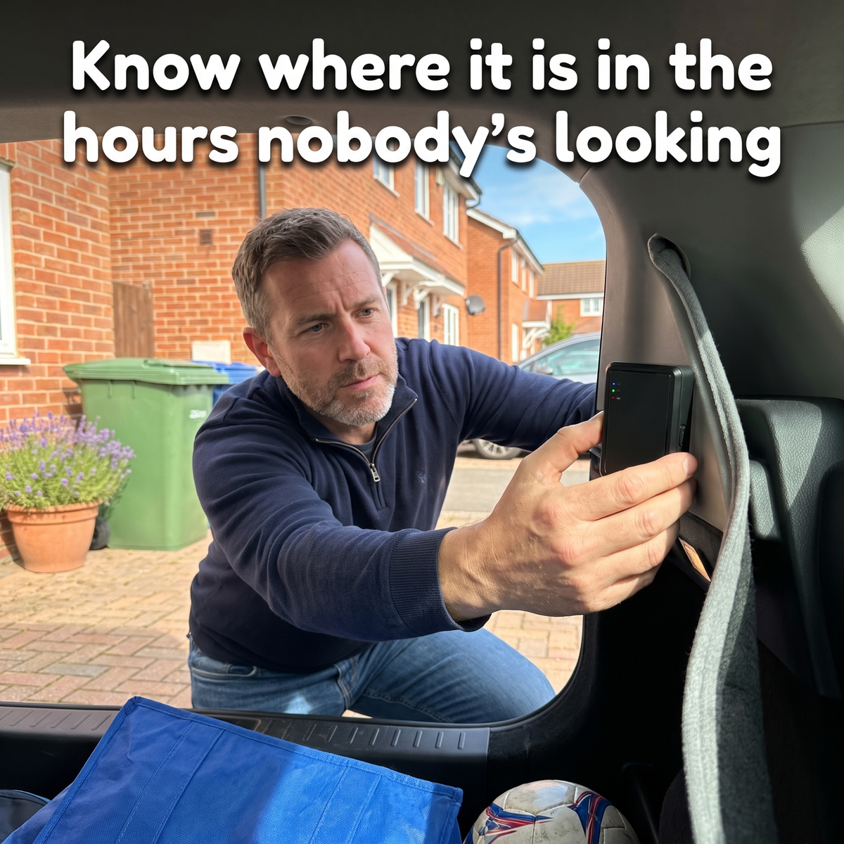 Carspot 4G GPS car tracker being fitted behind the boot side trim on a UK driveway