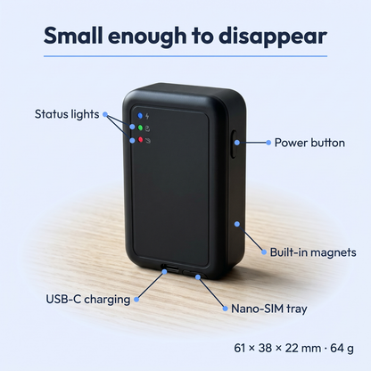 Carspot annotated: status lights, power button, USB-C charging, nano-SIM tray, built-in magnets - 61 x 38 x 22 mm, 64 g