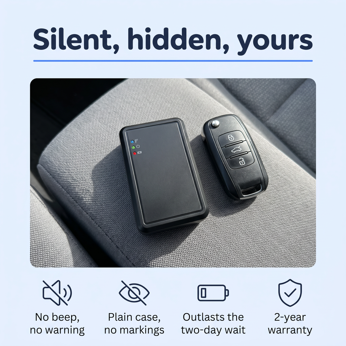 Silent, hidden, yours - Carspot next to a car key fob for scale