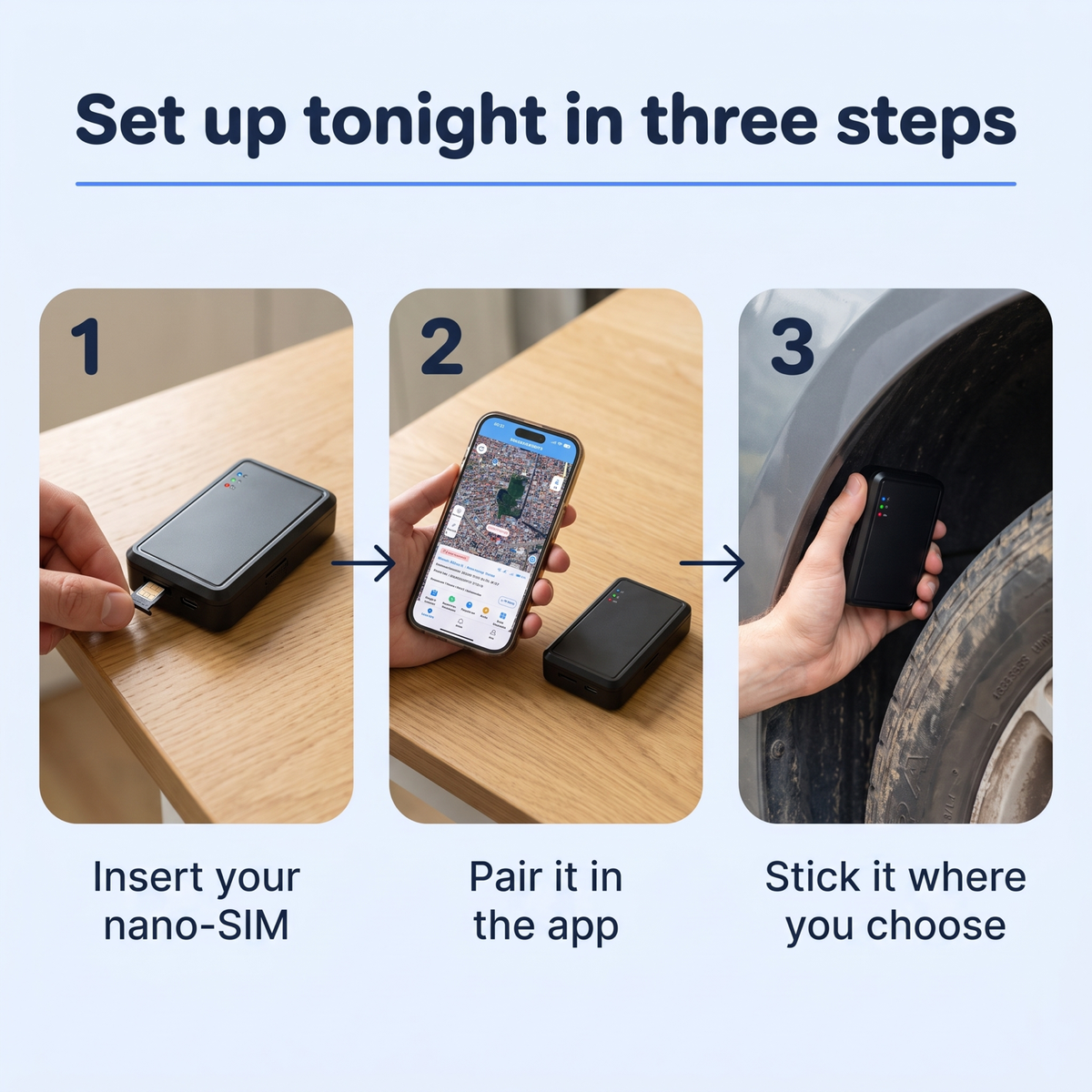 Set up tonight in three steps: insert your nano-SIM, pair it in the app, stick it where you choose