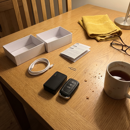 What's in the box: Carspot tracker, USB-C cable, quick-start guide, SIM tool