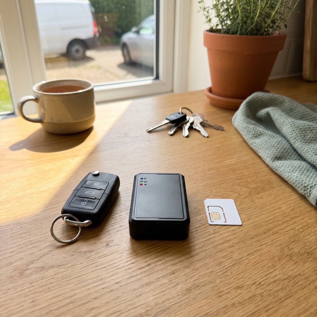 Why pay monthly - Carspot tracker, car key fob and a SIM card on a kitchen table