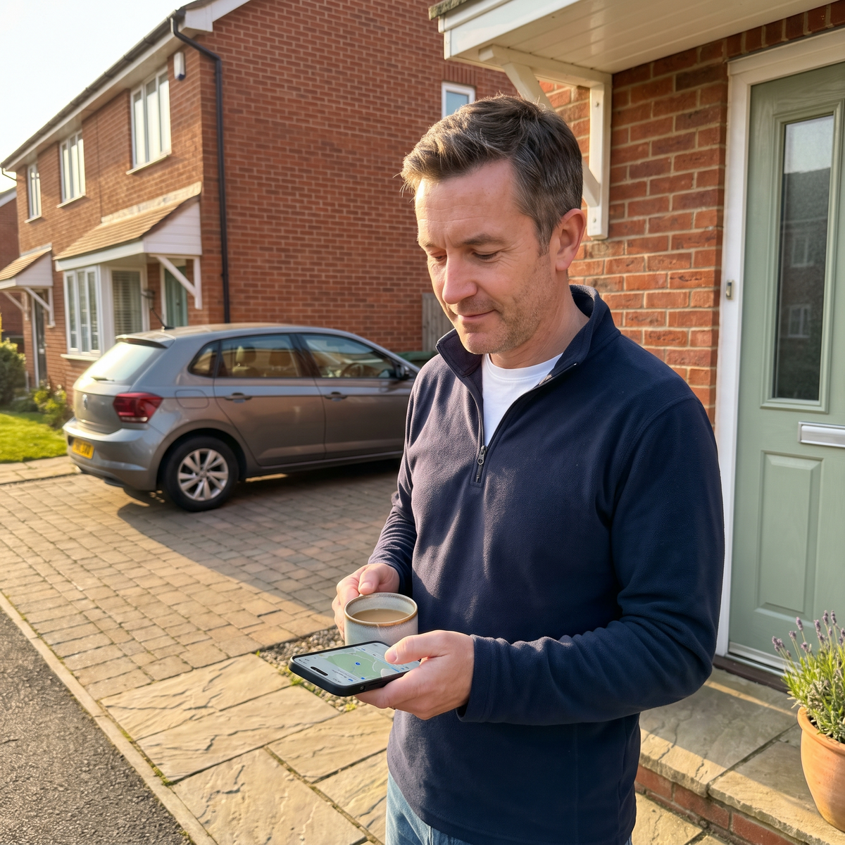 Own the window - checking the car's live position on the doorstep at sunrise