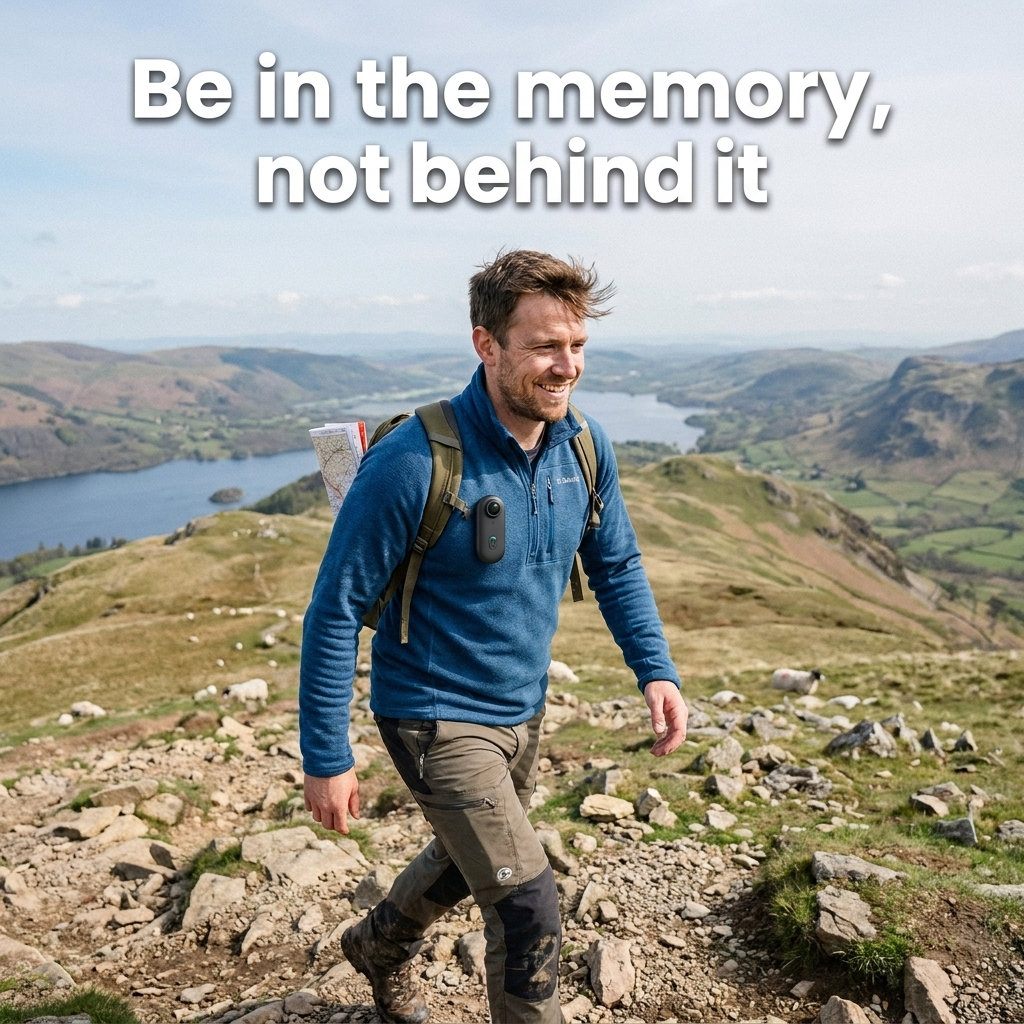 Be in the memory, not behind it — hiker wearing Snaply on a ridge