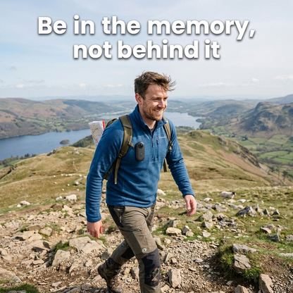 Be in the memory, not behind it — hiker wearing Snaply on a ridge