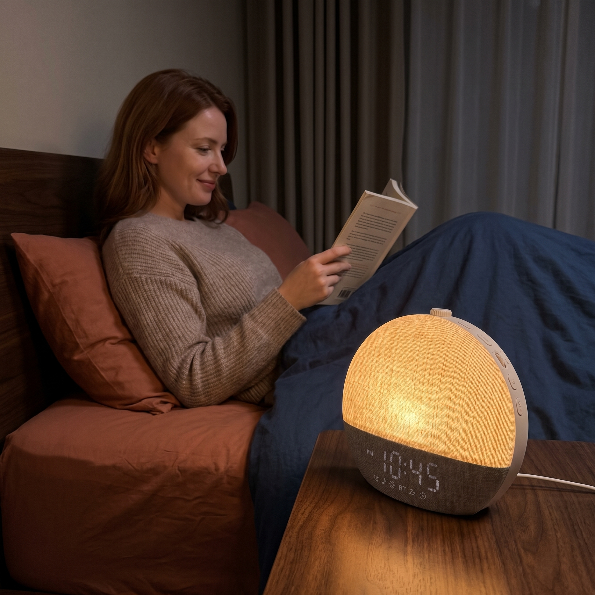 Woman reading in bed by the warm sunset glow of the Dawnly clock on her nightstand