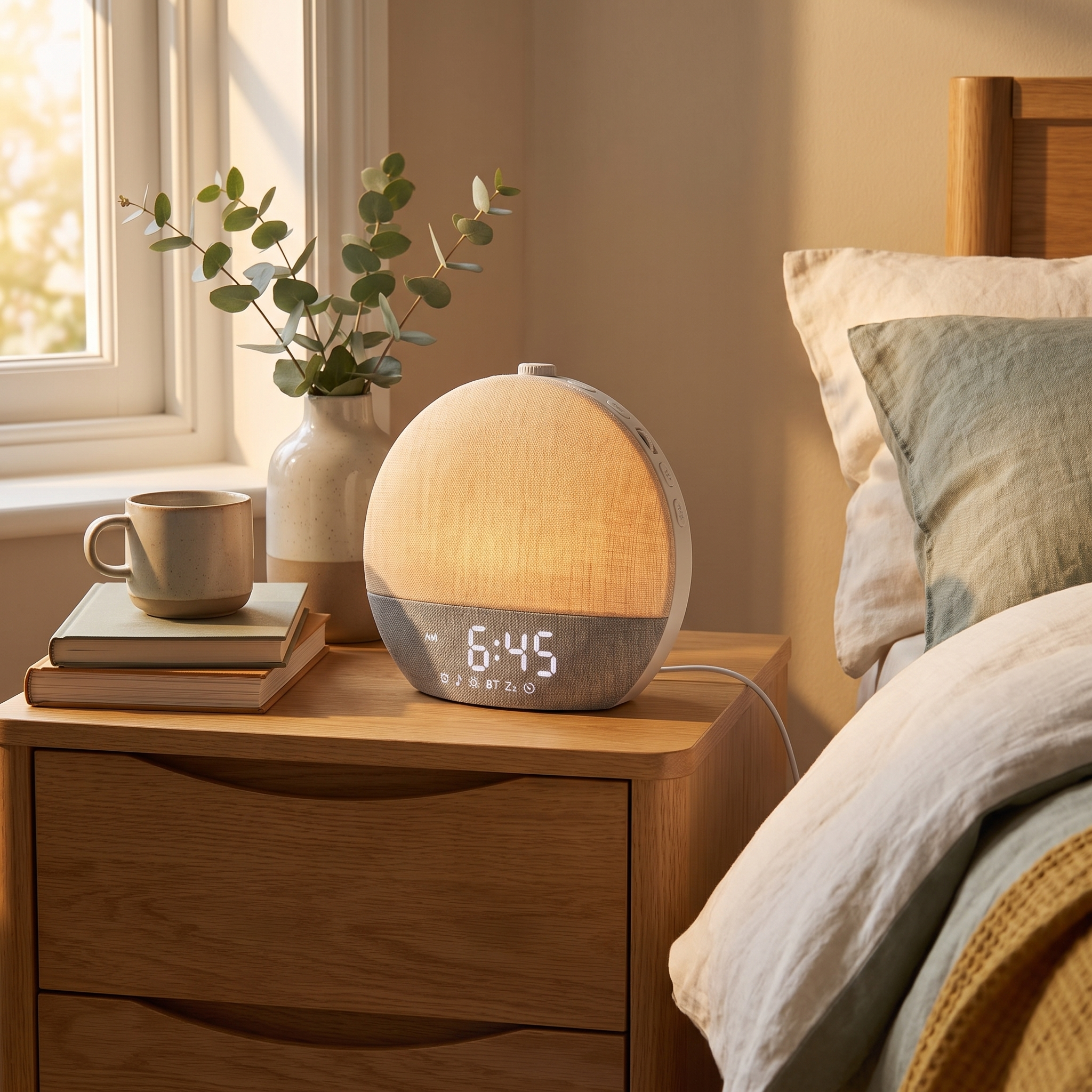 Dawnly linen sunrise alarm clock glowing warm amber on an oak bedside table at 6:45 am
