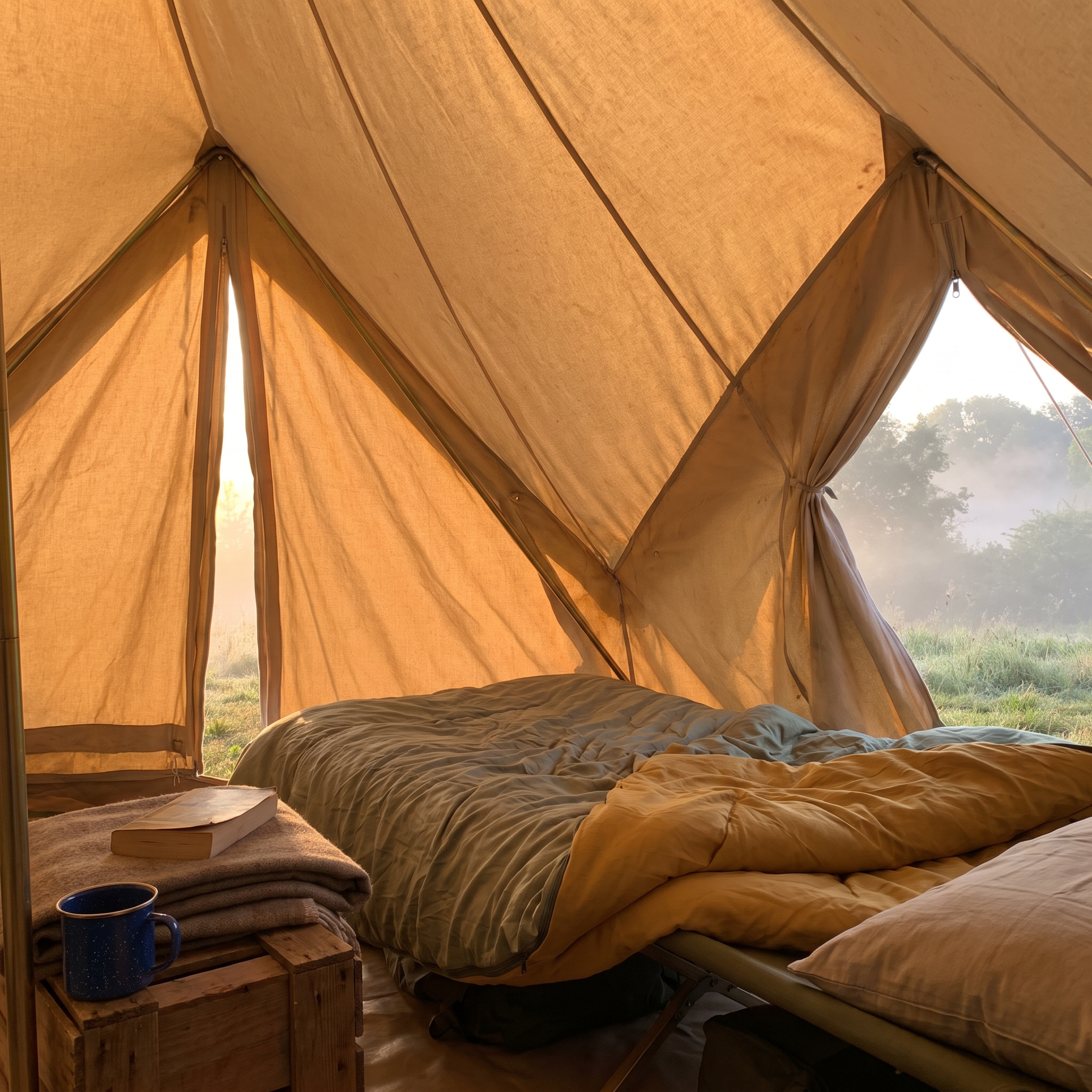 Golden dawn light glowing through the canvas of a tent — waking naturally with the light