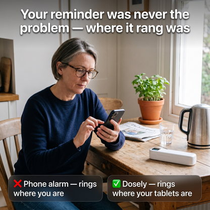 Phone alarm rings where you are, Dosely rings where your tablets are