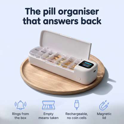Dosely 7-day pill box open, the pill organiser that answers back