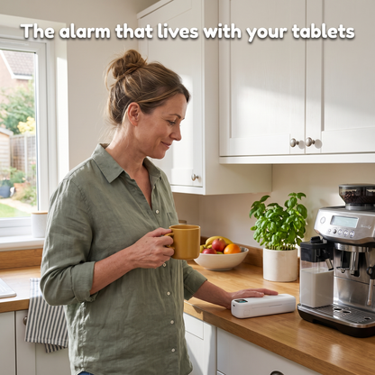 Dosely on the kitchen worktop next to the coffee machine, the alarm that lives with your tablets