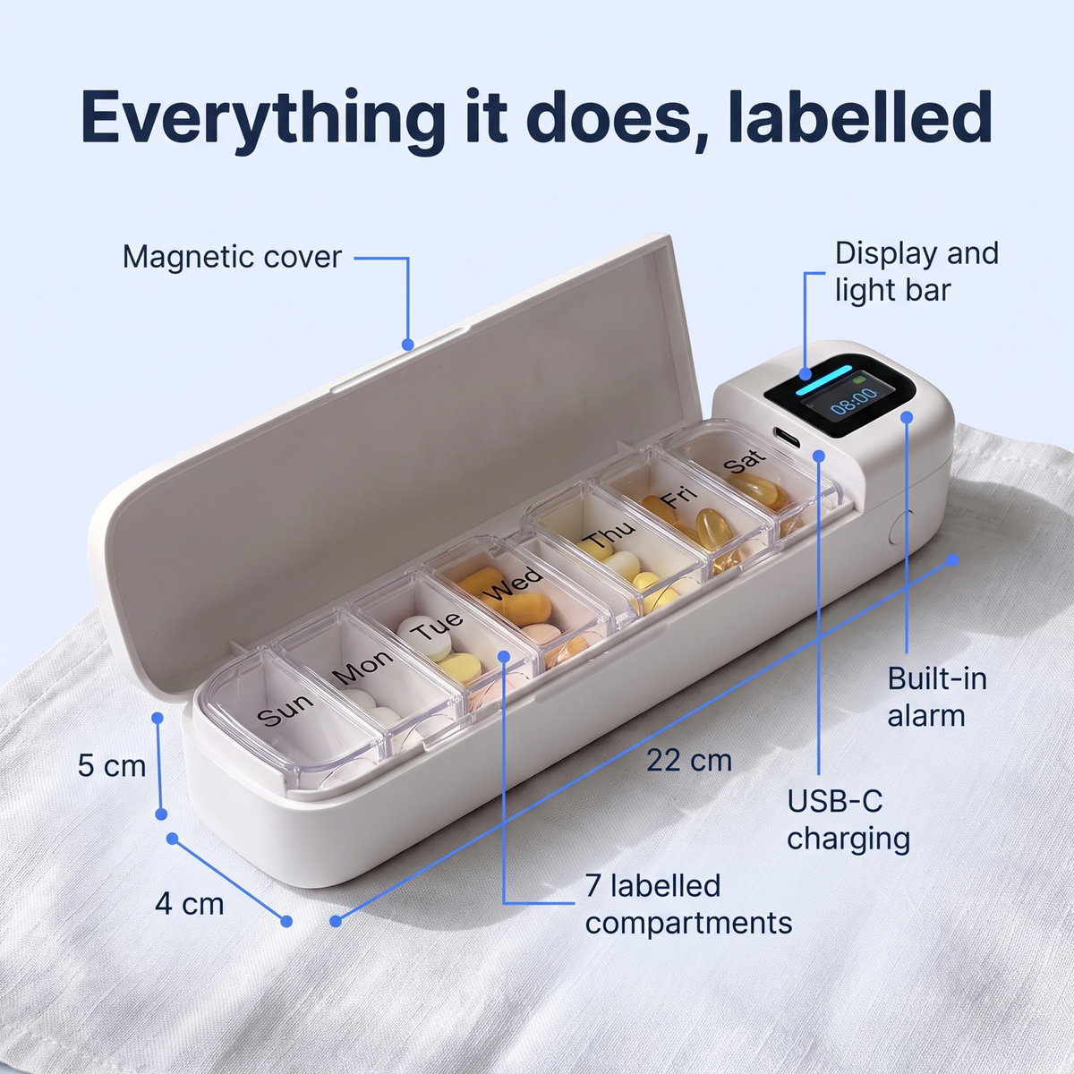 Dosely labelled: magnetic cover, display and light bar, built-in alarm, 7 compartments, USB-C