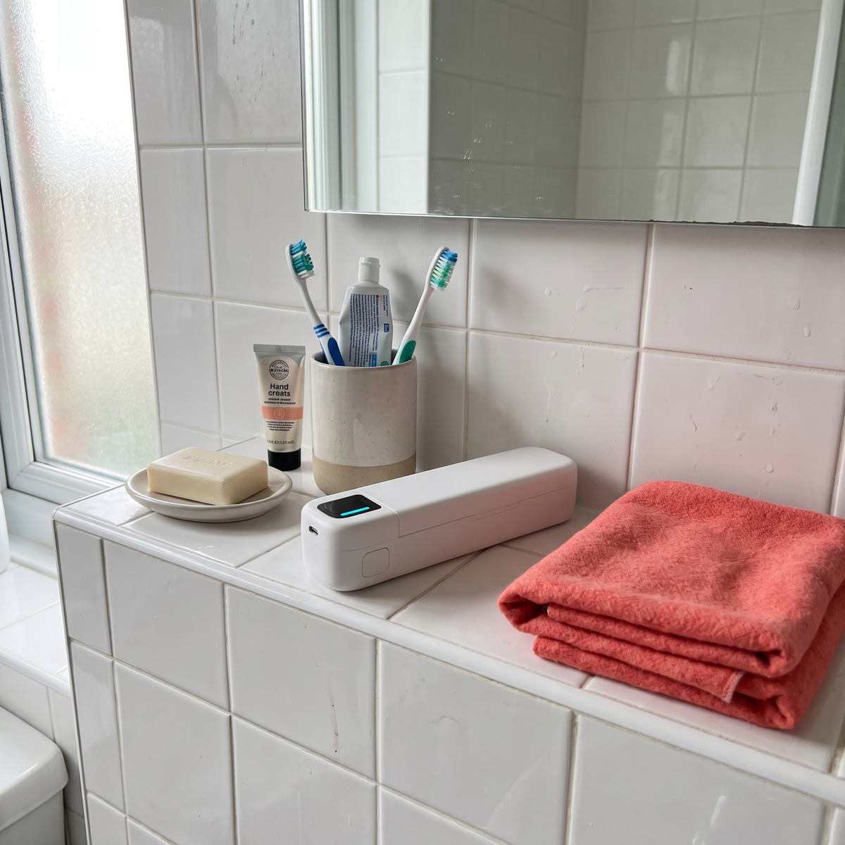 Dosely on a bathroom shelf next to the toothbrushes