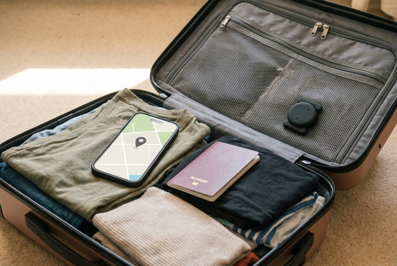 Findly tracker tucked into a suitcase mesh pocket beside a passport