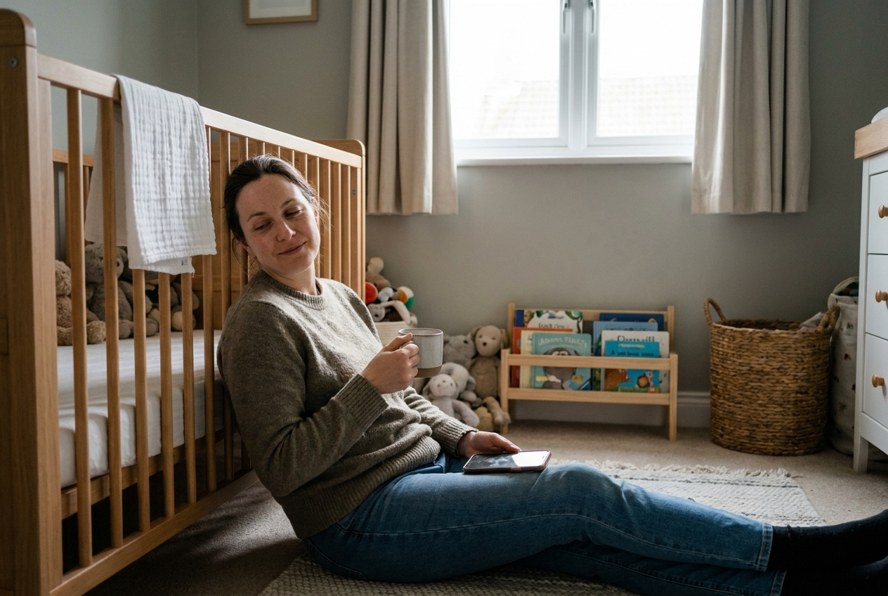 A mother sitting beside the cot with a cup of tea, taking a moment to rest