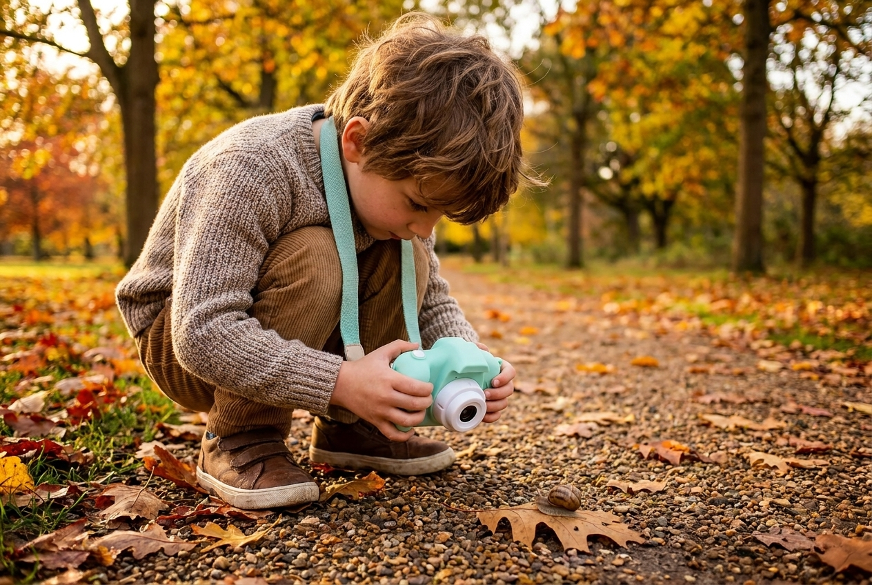 A boy crouching on an autumn path photographing a snail with his kids camera