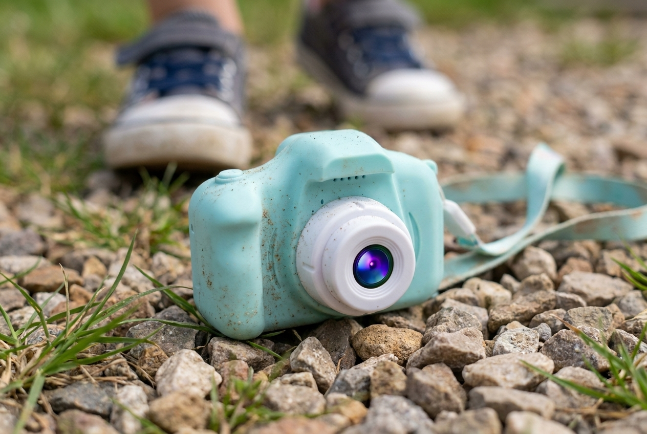 The kids camera lying undamaged on garden gravel after being dropped