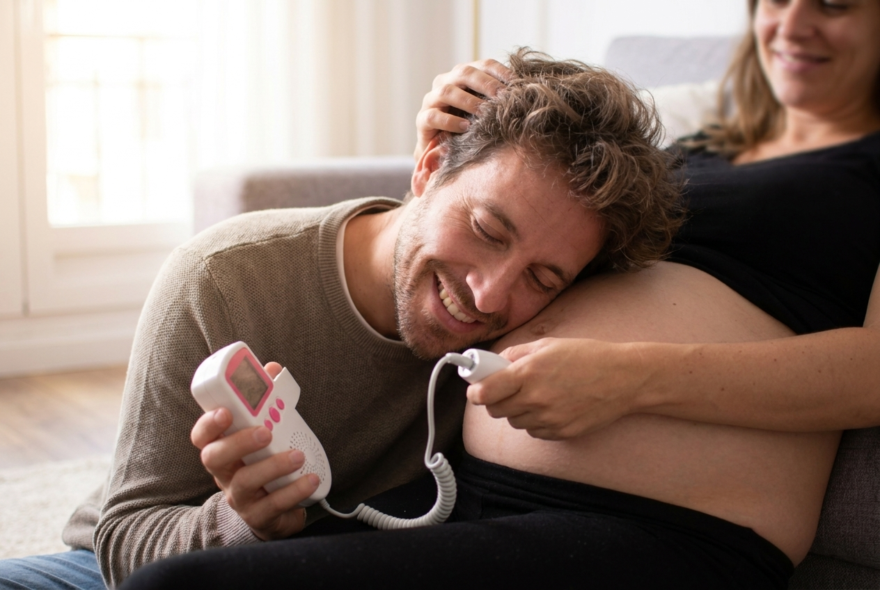 A father resting his ear against the bump, eyes closed and smiling
