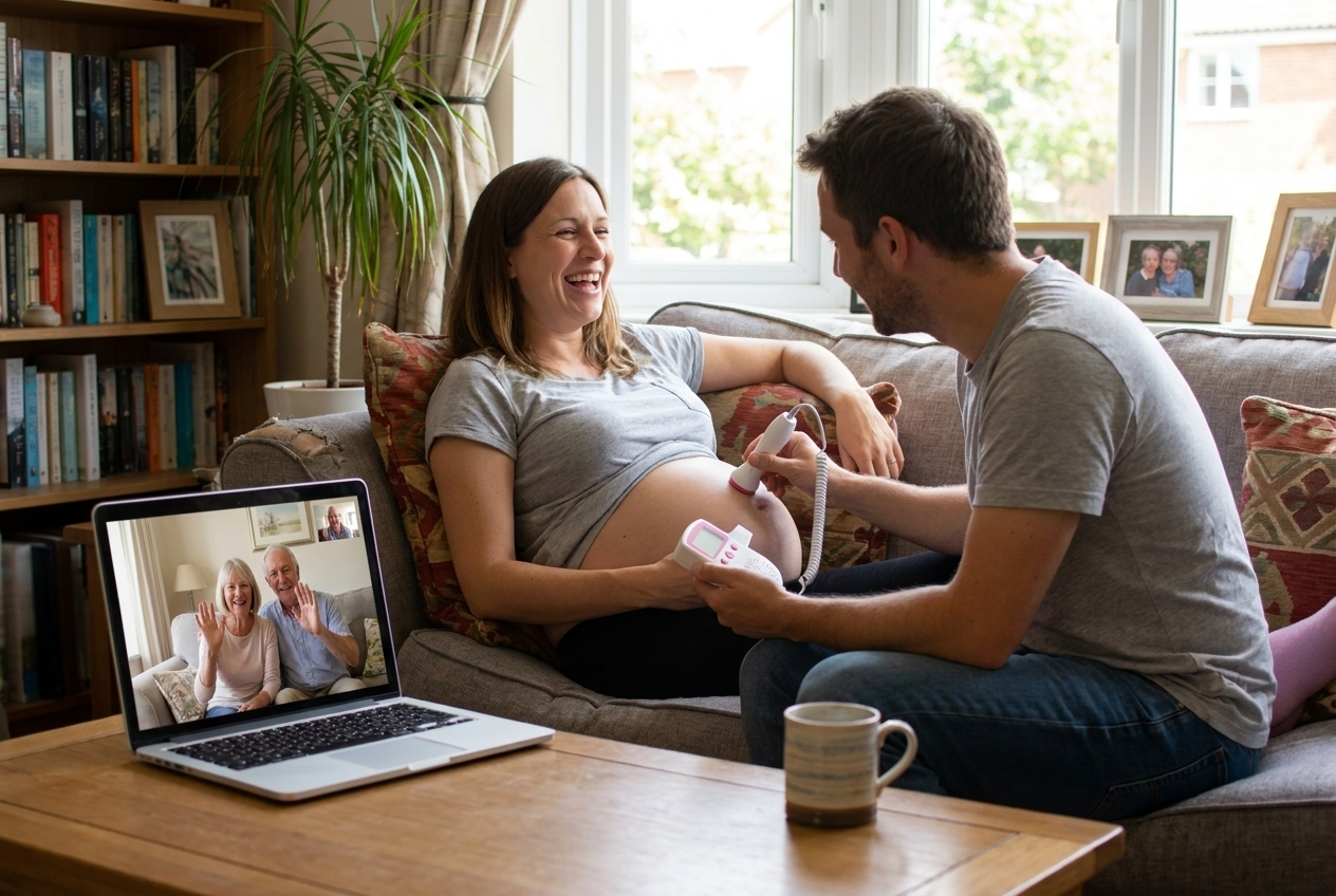 Grandparents on a laptop video call joining in from their own living room