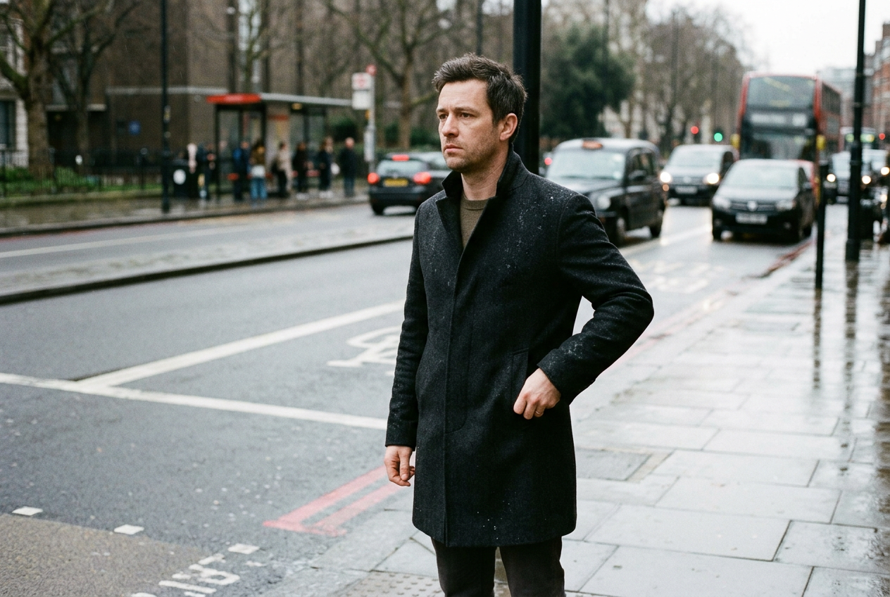 A man on a rainy London pavement with empty hands, patting his coat pocket